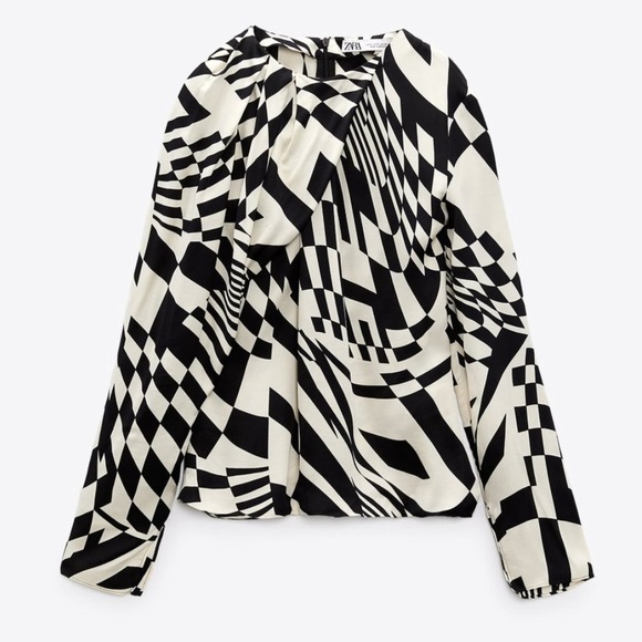 NEW Zara Pleat Neck Mod Geometric Top - Picture 4 of 12